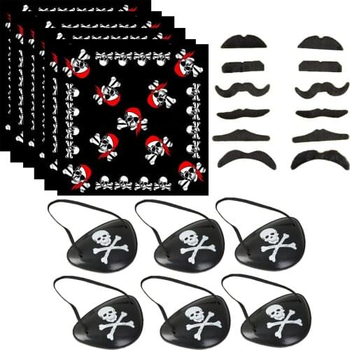 Besegad 24PCS Pirate Fake Mustache Beards Headscarf Pirate Captain One-eye Single Eyed Eyepatch Halloween Cosplay Costume Toy