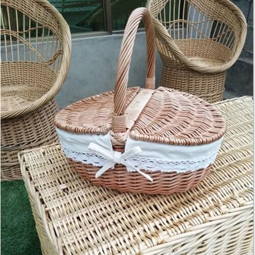 Handmade Large Wicker Basket with Handle Double-Lid Camping Picnic Willow Weaving Storage Hamper Outdoor Fruit Holder Organizer