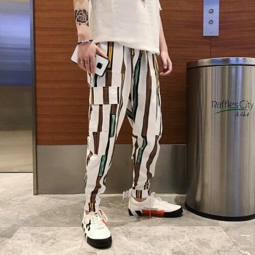 Fashion Chic Mens Striped Ankle-Length Pants Cargo Pants Pencil Pants Casual Teenager Trousers Hip-hop P15