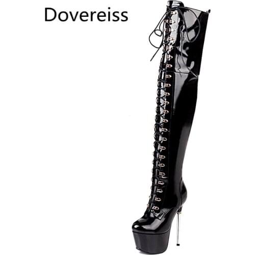 Dovereiss Fashion Womens Shoes Winter Pointed Toe Zipper new Cross tied Waterproof clear heels boots Stilettos heels 32-43