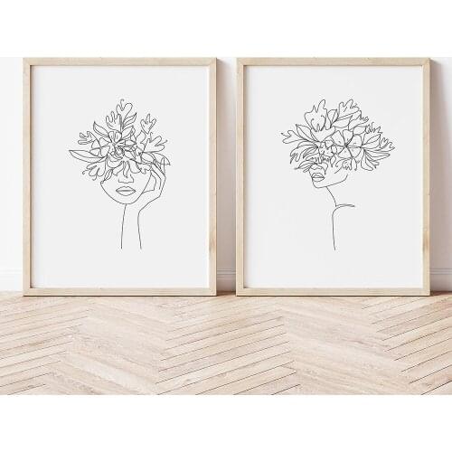 Face of Flowers line Drawing Print Minimalist Simple Fashion Canvas Poster Black White Painting Love Quote Wall Picture Decor