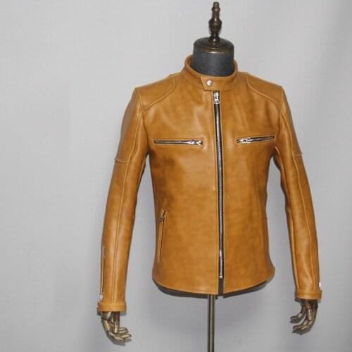 2020 Light Brown American Style Men Bikers Jacket Plus Size 3XL Genuine Cowhide Autumn Slim Fit Motorcycle Leather Coat