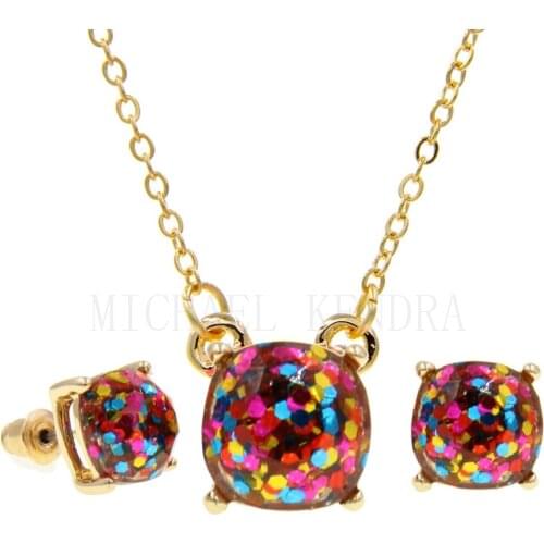 Rainbow Square Glitter Sequin Stud Necklace Earrings Jewelry Set Fashion Luxury Designer Jewelry Women Wedding Party Gift