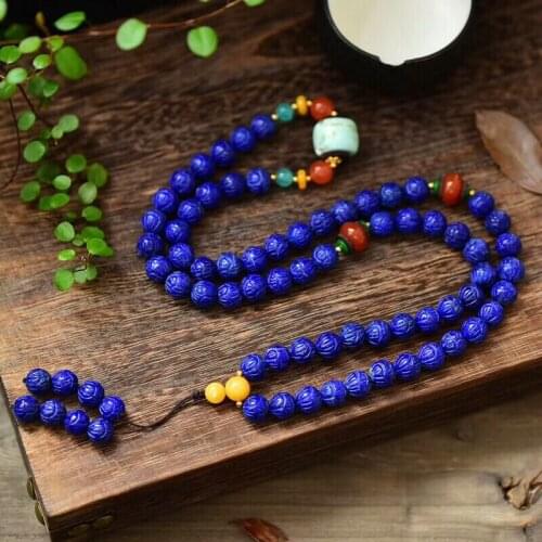 Genuine Natural Lapis Lazuli Royal Blue Carve Beads Gemstone Beads Women Necklace 9.5mm Round Beads Certificate AAAAAA