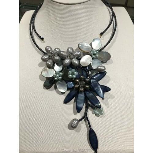 Black freshwater pearl and shell flower necklace 18inch wholesale beads FPPJ FPPJ