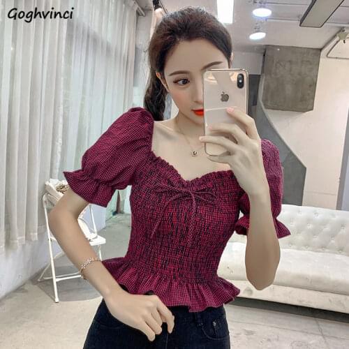 Shirts Women Ruffles Slash Neck Plaid Puff Sleeve Kawaii Slim Fashion Designer Casual Sexy High Elasticity Ladies Summer Blouses
