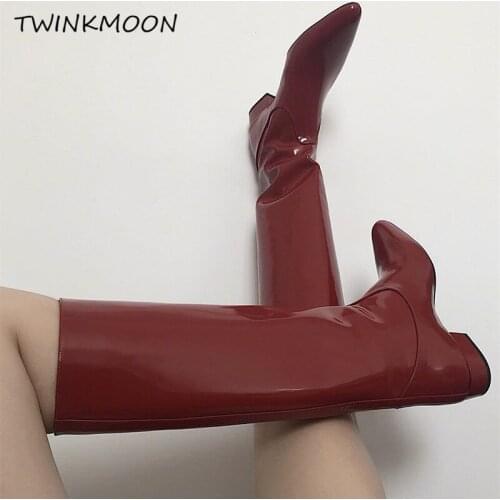 Vintage Wine Red Womens Winter High Boots Point Toe Sexy Patent Leather Black Knee High Boots Low Heel Slip On Casual botas