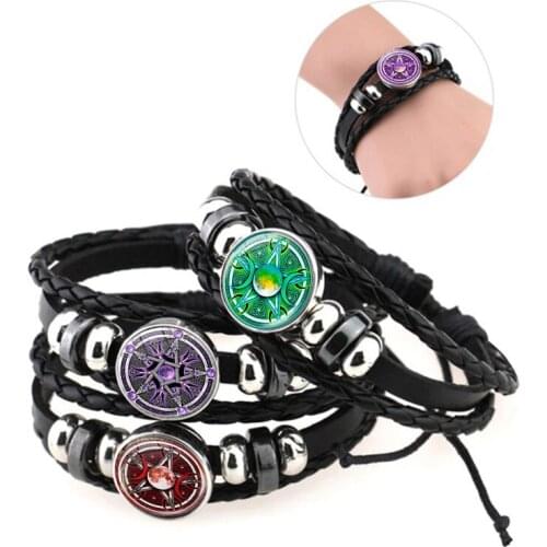 Statue of Triple Moon Goddess Bracelet Wicca Pentagram Vintage Handmade Multilayer Weave Punk Leather Bracelet Wholesale
