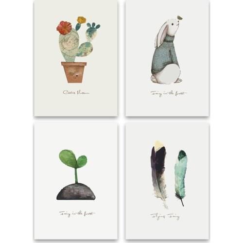 WANGART Canvas Pictures Wall Art Painting Poster and Prints Home Decor Minimalism Cactus Rabbit Feather For Living Room Bedroom