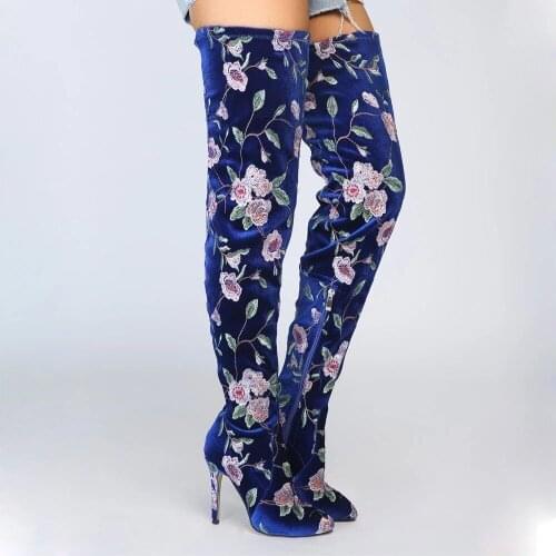 Pink Flower Embroidery Navy Blue Velvet Thigh Boots Pointed Toe Over The Knee Boots Female Thin High Heel Floral Long Botas