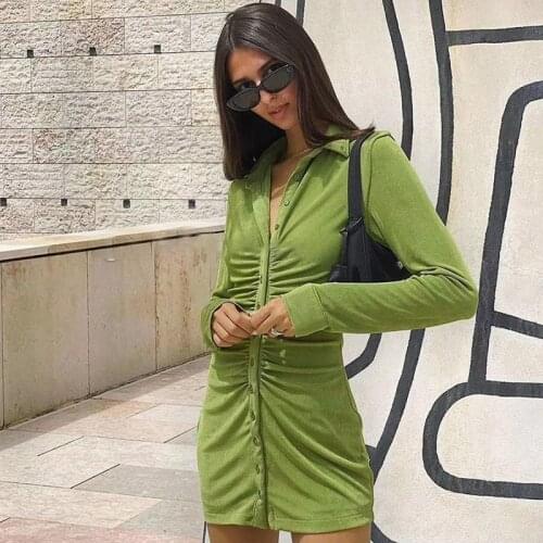 Women Fashion Party Dress Fall Summer Clothes Long sleeve Buttons up Stretch Bodycon Mini Dress Lady Solid Color Ruched Vestidos