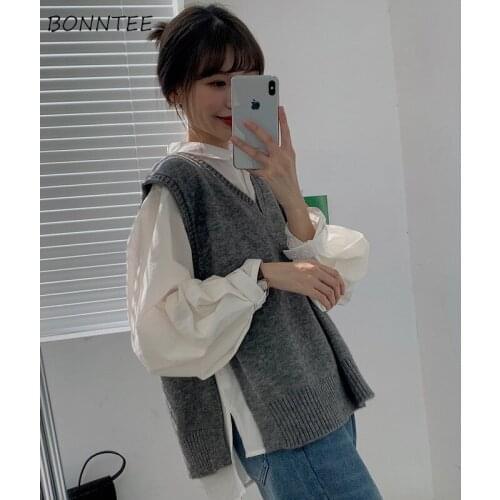 Sweater Vest Women 5 Colors Simple Fashion Side-slit All-match Solid Sleeveless V-Neck Preppy Harajuku Korean Knitwear Retro