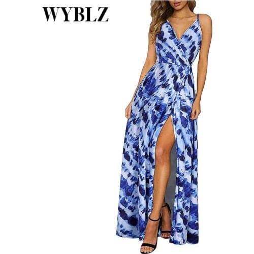 WYBLZ Summer Sleeveless Women Dress Sling Tie Dye Slit Print Women Clothing Beach Sexy Long Dress Plus Size XXL Boho Maxi Dress