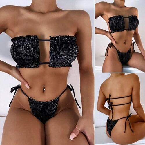 Womens 2-Piece Sexy Pleated Hollow Bikini Black