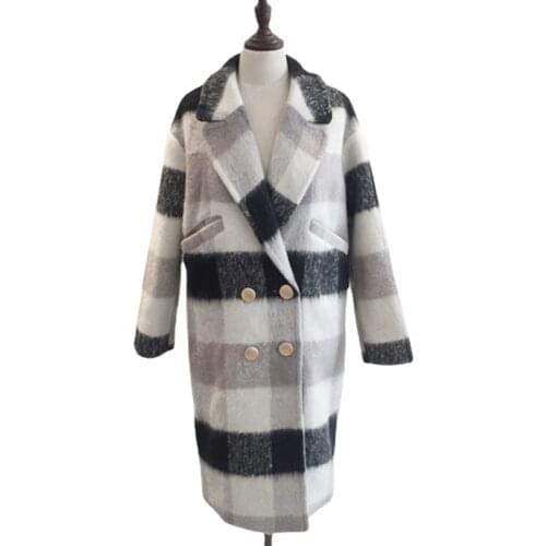Autumn and winter fashion pocket long wool coat ladies black and white plaid wool blend 2020 new jacket thickened female coat