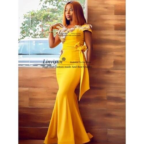 Sexy Mermaid Evening Dresses Off Shoulder Scoop Yellow Sequin Prom Dresses Long Party Vestidos De Noche 2021 Baljurken