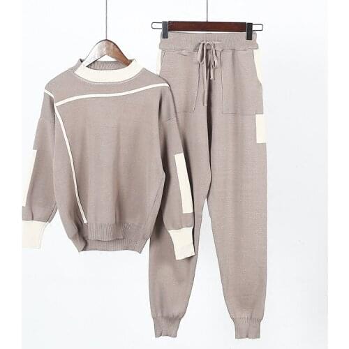 Winter Woolen and Cashmere Pattern Knitted warm Suit O-Neck Sweater + Harlan pants Trousers Leisure Two-piece (Womens Sets)