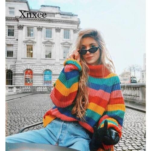 Winter Womens Rainbow Turtleneck Sweater Pullover Sweater Fashion Striped Big Pullover
