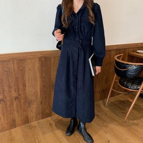 Zoki Elegant Women Corduroy Dress Vintage Long Sleeve Belt Single Breasted A Line Long Dress Party Korean Loose Female Vestidos
