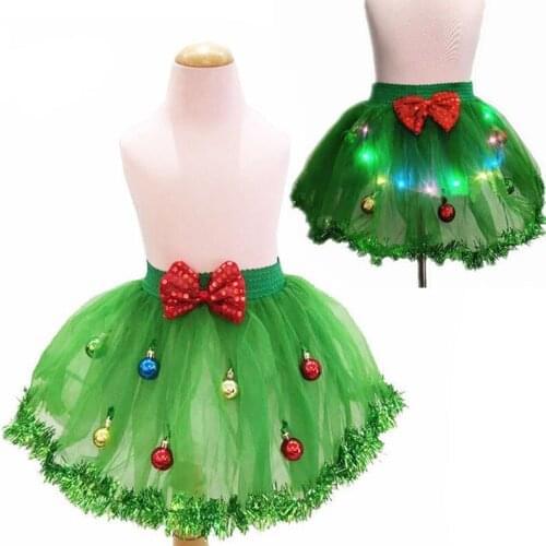 10pcs Christmas Party Ball Dress Up Dance Performance Bow Bell Green Skirt Girls Luminous Skirt Children Princess Net Gauze Tutu
