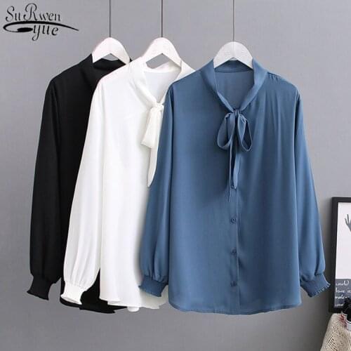 2021 Spring Office Lady Puff Sleeve Women Shirts with Bow Plus Size Chiffon Women Blouse and Tops Vintage Loose Female Clothing