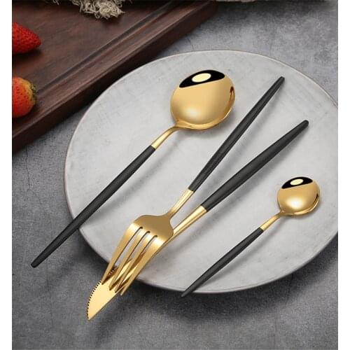 24Pcs 18/10 Stainless Steel Dinnerware Set Black Gold Cutlery Spoon Fork Knife Western Cutleri For Kitchen Dinner Flatware Set