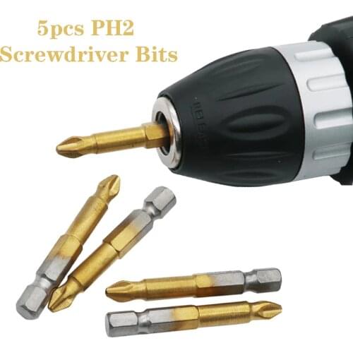 5pcs Anti Slip PH2 Screwdriver Titanium Coated 50mm S2 Cross Head Philips Electric Screw Driver Bits Set Power Tool Hand Tools