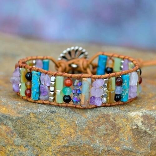 Boho Bracelet Tube Shape Emperor Stone Natural Stone Single Leather Wrap Bracelet for Women Dropshipping