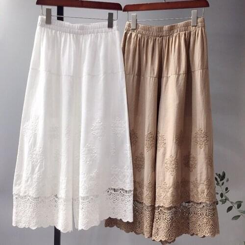 Summer Womens Cotton and Linen Wide Leg Pants Embroidered Flowers Hollow Lace Loose Casual Pants