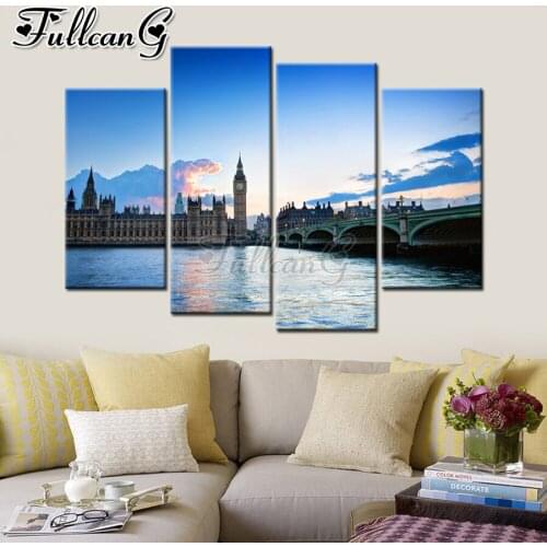 FULLCANG Arch bridge bell tower scenery 4 piece diy diamond painting full square round drill 5d mosaic embroidery sale FC3536