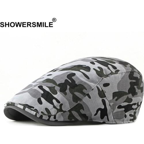 SHOWERSMILE Men Flat Cap Camouflage Beret Hat Spring Summer Cotton Fashion Adjustable Ivy Hat Male Army Green Military Style Cap