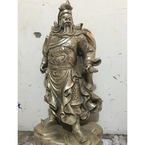 15" Chinese Folk Silver carved Dragon Kuan Kung Guan Gong GuanYu warrior statue