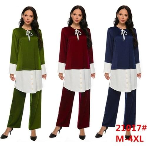 Two Piece Set Blouse and Wide Leg Pants Women Dubai Muslim Abaya Splice Moroccan Kaftan Lady Islam Turkey Islamic Clothing Sets