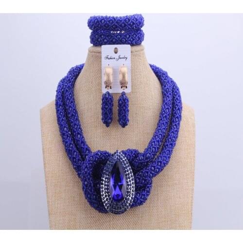 Chunky Women Royal Blue African Beads Bridal Jewelry Sets For Wedding Nigerian Beads Necklace Earrings Bracelet Set Of Jewelry