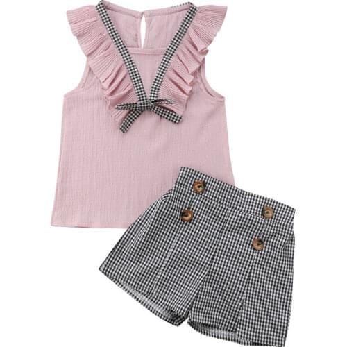 Fashion Toddler Baby Girls Outfits T-shirt Sleeveless Top + Plaid Short Pant 2pcs Set Children Kids Clothes