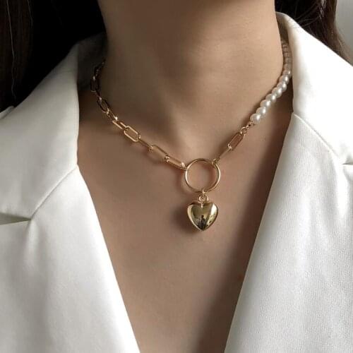 Half Side Pearls and Link Chains Fashion Puff Heart Pendant Necklace for Ladies