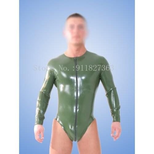 Mens long sleeved army green latex bodysuit with front crotch zipper fetish exotic latex jumpsuit