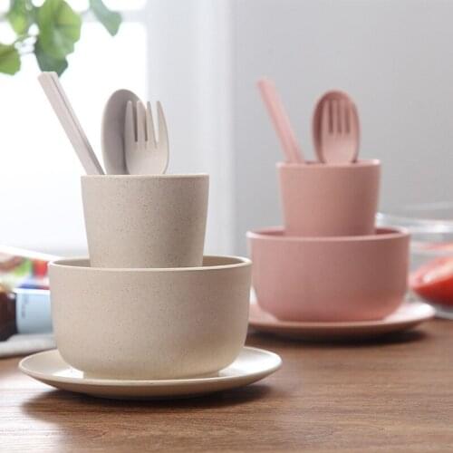 6pcs/set Baby Children Tableware Set Tableware Wheat Straw Household Dishware Set Simple Dishes Salad Soup Bowl Steak Plate