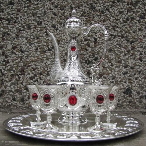 Sets Tibetan silver red jade Chinese white Silver Bronze a wine pot and 4 cups Cup Decoration real Tibetan Silver Brass