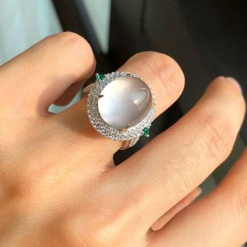 Original design natural chalcedony full diamond oval egg round luxury opening adjustable ring elegant charm womens jewelry