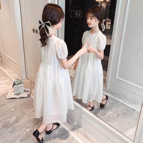 Dress For Girls Korean Style White Color Princess Elegant Puff Sleeve Clothes Summer New Arrivals Fashion Casual Teenage Costume