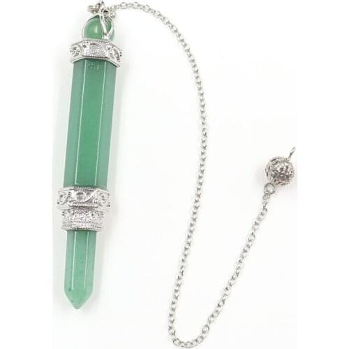 Natural Green Aventurine Silver Plated Layer Hexagon Column Pillar Pendant Link Chain Jewelry