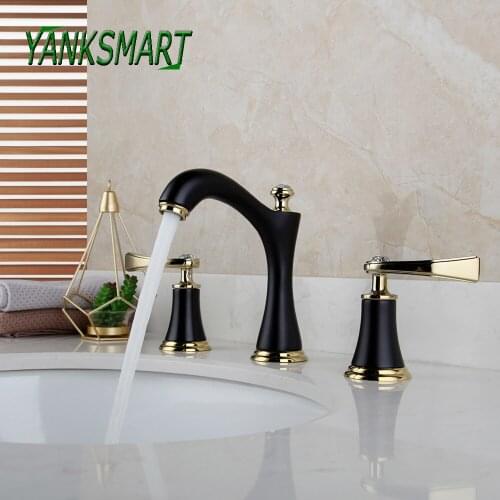 YANKSMART 3 Pcs Black / Gold Deck Mounted Bathroom Double Handles Double Control Faucet Set Cold And Hot Mixer Water Tap