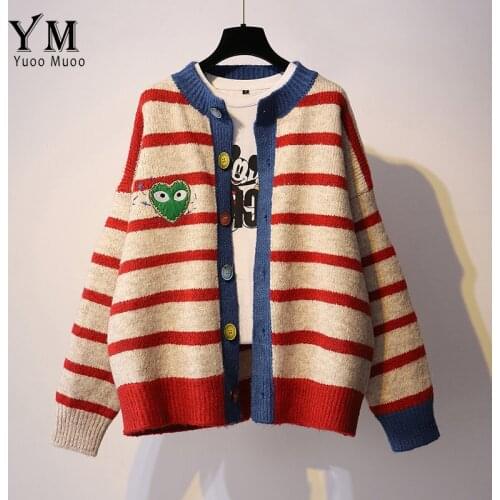 YuooMuoo Chic Knitted Cardigan Sweater Women Stripes Knitwear Coat O-Neck Candy Buttons Long Sleeve Casual Loose Outwear Female