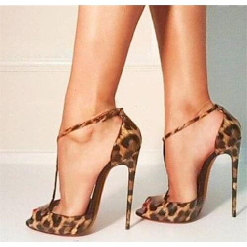 Female Peep Toe Leopard Patent Leather Stiletto Heel Pumps T-strap High Heels Formal Dress Shoes Summer Patchwork Party Sandals