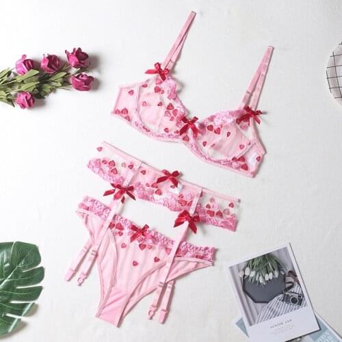 3 Pieces Women Lingerie Set See Through Lace Heart Underwear Langerie Transparent Pink Color Exotic Costume Femme Under Wear
