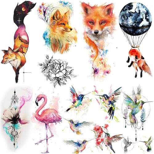 Colorful Fox Temporary Tattoos For Kids Children Flamingo Flower Tatoo Hummingbird Cartoon Funny Fake Tattoo Planet Birds Sheets