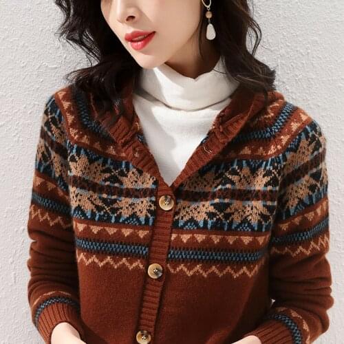 Lafarvie Winter Wool Blends Cardigan Sweater Women Tops Hooded Button Striped Plus Size Female Clothing 2021 High Quality Jumper