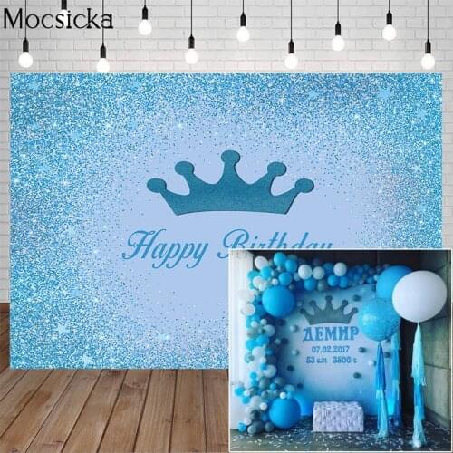 Mocsicka Happy Birthday Backdrop Custom Name Blue Bokeh Shiny Holiday Party Adults Kids Cake Table Photography Decoration props