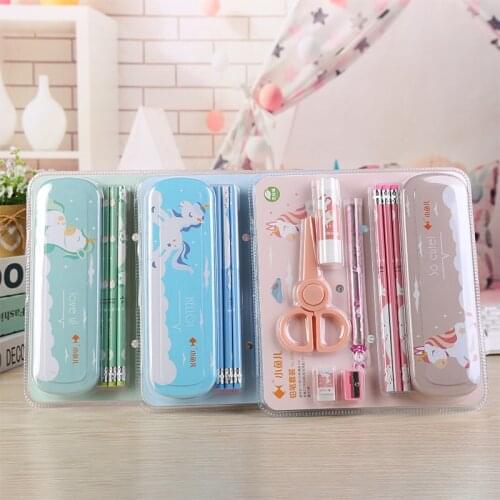 Pencil Set Rubber Scissors Solid Glue Ruler Pencil Case Sharpener Gift Set School Supplies Students School Stationery for Girls